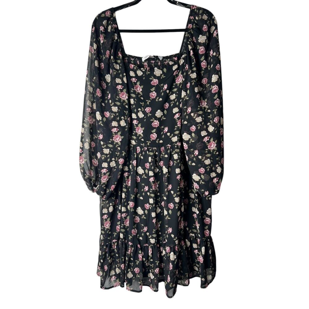 Celebrity Pink Dress Size XXXL Black Floral Sheer Long Balloon Sleeve Smocked